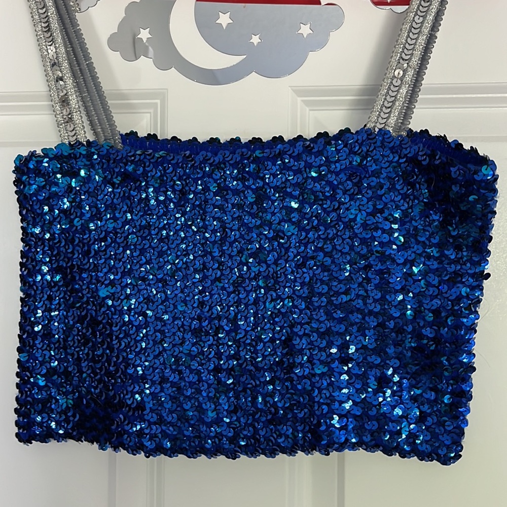 🫶🏼BLUE&SILVER 🎽ELASTIC STRETCHY SEQUINS CROP TOP BY TOPPETTES 50-60’s ATTIRE - Picture 3 of 8